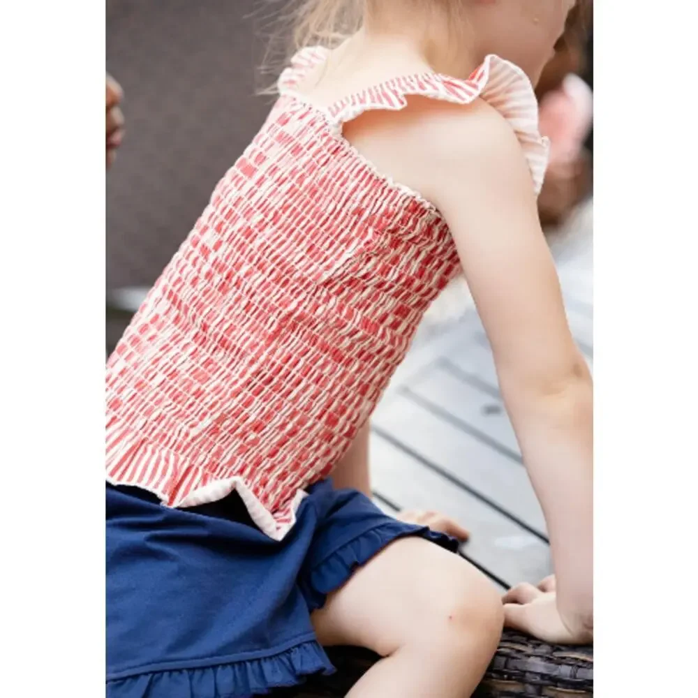 Monica + Andy Smocked Top + Ruffle Short Red Stripes